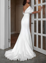 Off-The-Shoulder Sleeveless Sweep Train Charmeuse Wedding Dresses Mermaid Fitted Style-Dbrbridal