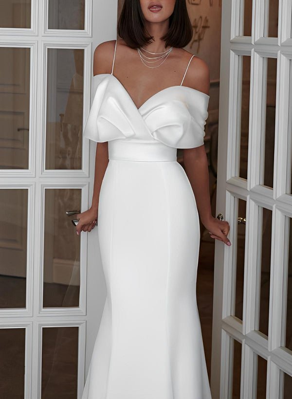 Off-The-Shoulder Sleeveless Sweep Train Charmeuse Wedding Dresses Mermaid Fitted Style-Dbrbridal