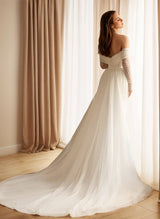 Off-The-Shoulder Sleeveless Sweep Train Sequined Wedding Dresses Detachable Train-Dbrbridal