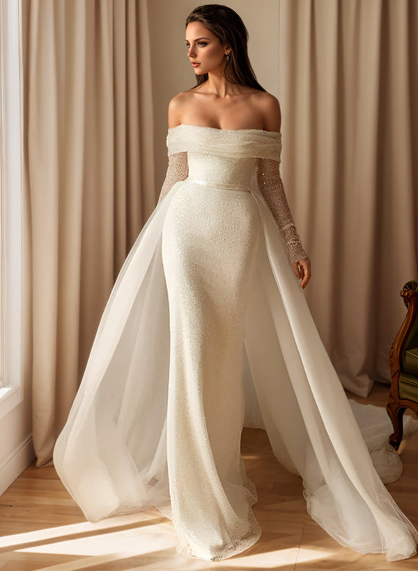 Off-The-Shoulder Sleeveless Sweep Train Sequined Wedding Dresses Detachable Train-Dbrbridal