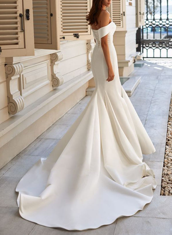 Off-the-Shoulder Sweep Train Satin Wedding Dress-Dbrbridal