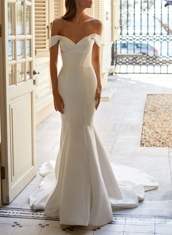 Off-the-Shoulder Sweep Train Satin Wedding Dress-Dbrbridal