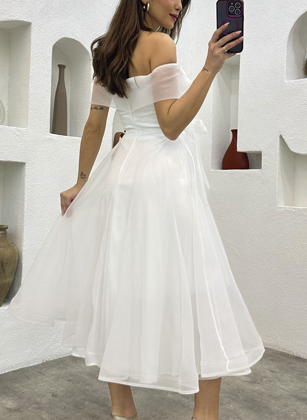 Off-The-Shoulder Tea-Length Tulle Wedding Dresses Bows-Dbrbridal