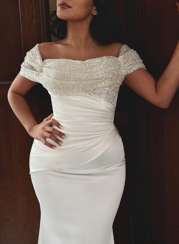 Off-The-Shoulder Trumpet Mermaid Fitted Sequined Wedding Dresses-Dbrbridal