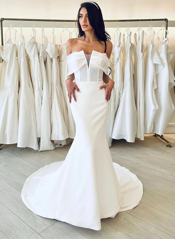 Off-the-Shoulder Tulle Elastic Satin Mermaid Fitted Wedding Dresses-Dbrbridal