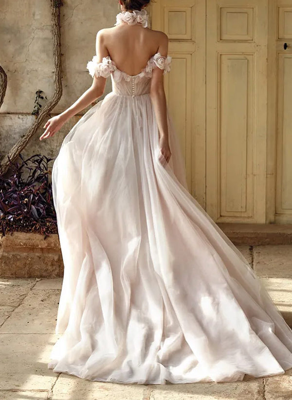 Off-The-Shoulder Tulle Flowers Wedding Dresses Romantic-Dbrbridal