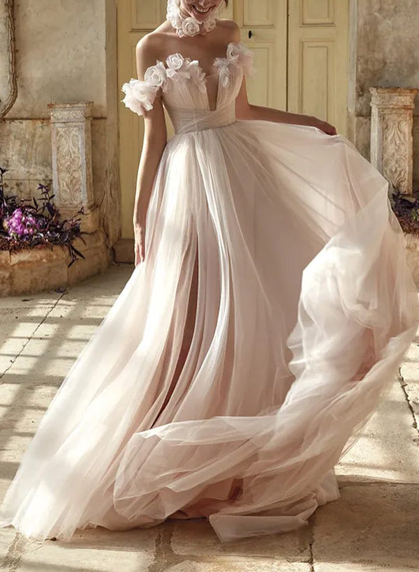 Off-The-Shoulder Tulle Flowers Wedding Dresses Romantic-Dbrbridal