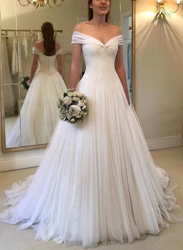 Off-The-Shoulder Tulle Sweep Train Wedding Dress Ruffle-Dbrbridal