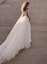 Off-The-Shoulder Tulle Wedding Dress Sequins-Dbrbridal