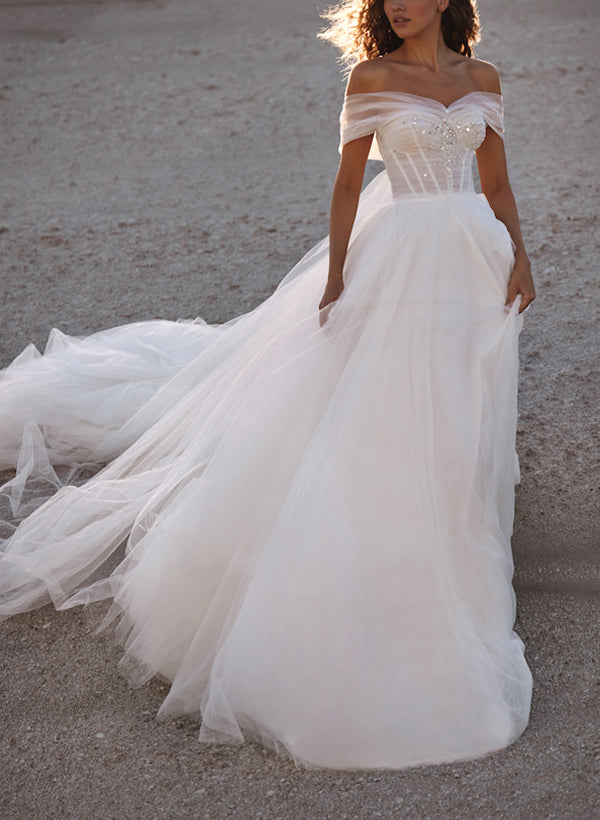 Off-The-Shoulder Tulle Wedding Dress Sequins-Dbrbridal