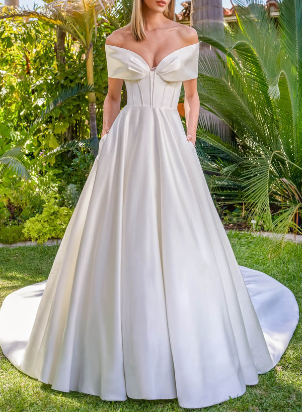 Off-the-Shoulder Wedding Dresses Ball-Gown Satin Modern Corset-Dbrbridal