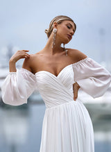 Off-the-Shoulder Wedding Dresses Chic A-line Chiffon Summer Beach Long Sleeves-Dbrbridal