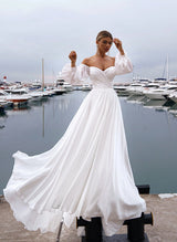 Off-the-Shoulder Wedding Dresses Chic A-line Chiffon Summer Beach Long Sleeves-Dbrbridal