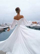 Off-the-Shoulder Wedding Dresses Chic A-line Chiffon Summer Beach Long Sleeves-Dbrbridal