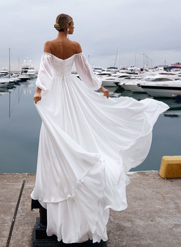 Off-the-Shoulder Wedding Dresses Chic A-line Chiffon Summer Beach Long Sleeves-Dbrbridal