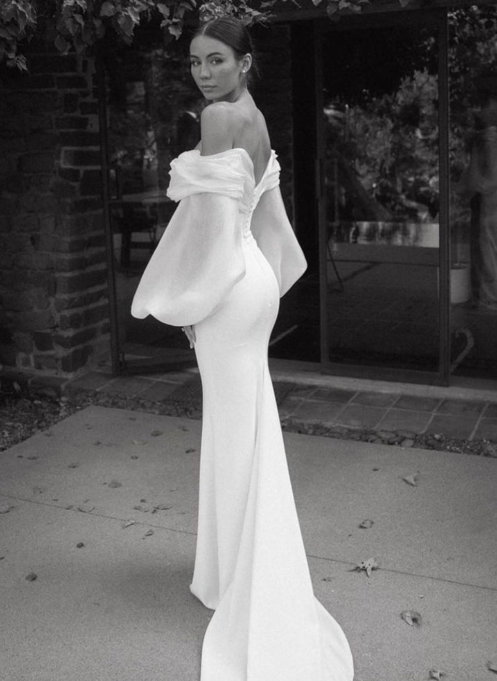 Off-The-Shoulder Wedding Dresses Long Puff Sleeves-Dbrbridal