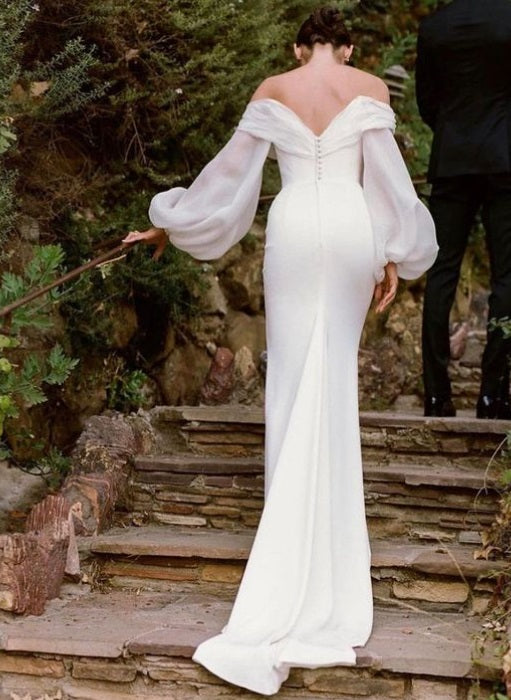 Off-The-Shoulder Wedding Dresses Long Puff Sleeves-Dbrbridal