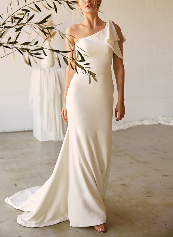 One-Shoulder Elastic Satin Wedding Dresses Bows-Dbrbridal