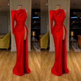 One-shoulder High-split Soft pleated Red Prom Dress Long sleeves-Dbrbridal