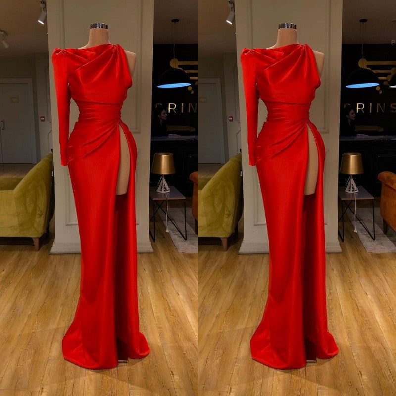 One-shoulder High-split Soft pleated Red Prom Dress Long sleeves-Dbrbridal