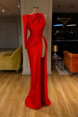 One-shoulder High-split Soft pleated Red Prom Dress Long sleeves-Dbrbridal