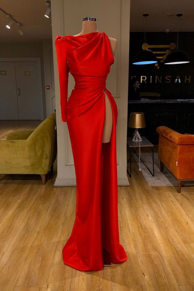 One-shoulder High-split Soft pleated Red Prom Dress Long sleeves-Dbrbridal