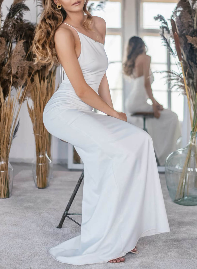 One-Shoulder Mermaid Fitted Wedding Dresses Open Back-Dbrbridal