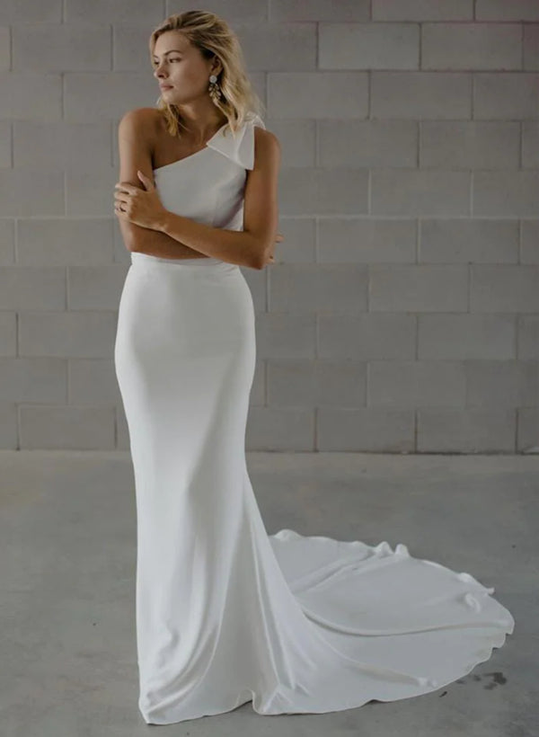 One-Shoulder Satin Wedding Dress Bow Country Style-Dbrbridal