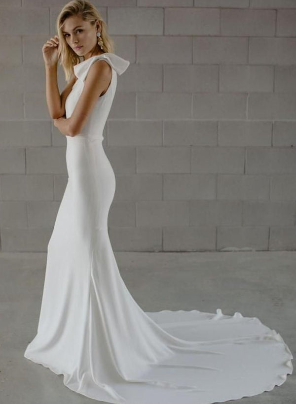 One-Shoulder Satin Wedding Dress Bow Country Style-Dbrbridal