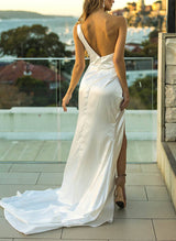 One-Shoulder Satin Wedding Dresses Split Front-Dbrbridal