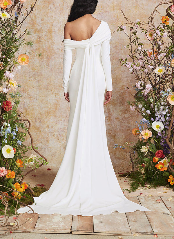 One-Shoulder Sheath Fitted Wedding Dress Long Sleeves Sweep Train-Dbrbridal