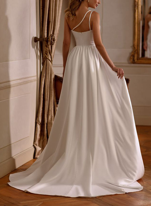 One-Shoulder Sheath Fitted Wedding Dresses Train Split Front-Dbrbridal