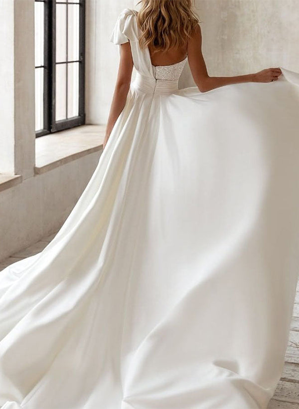 One-Shoulder Sleeveless Satin Sequined Wedding Dresses Bow Detail-Dbrbridal