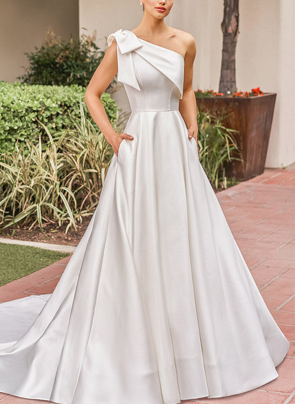 One-Shoulder Sleeveless Satin Wedding Dress Bows-Dbrbridal