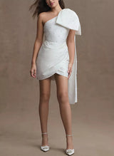 One-Shoulder Sleeveless Short Mini Satin Wedding Dresses Bow Beading-Dbrbridal