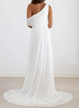 One-Shoulder Sleeveless Sweep Train Chiffon Wedding Dresses-Dbrbridal