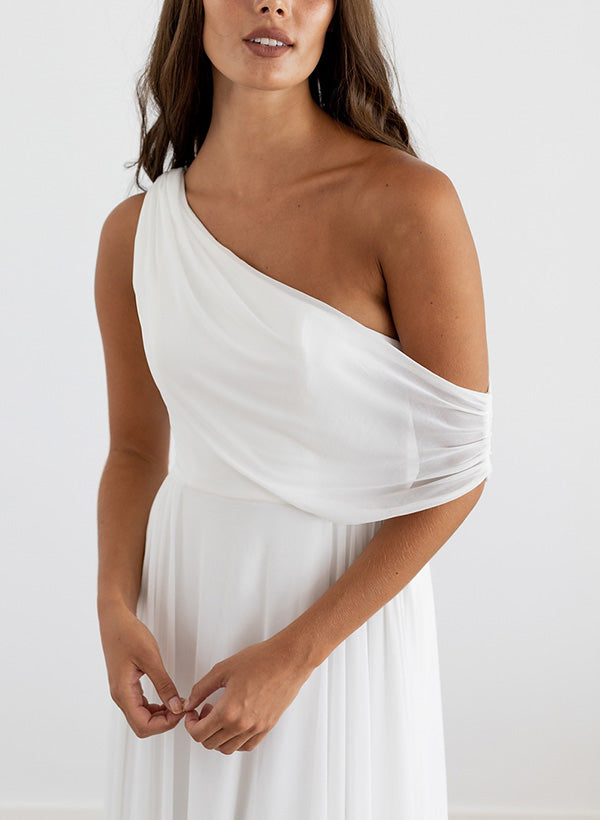 One-Shoulder Sleeveless Sweep Train Chiffon Wedding Dresses-Dbrbridal