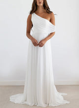 One-Shoulder Sleeveless Sweep Train Chiffon Wedding Dresses-Dbrbridal