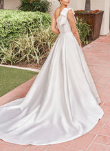 One Shoulder Sleeveless Sweep Train Satin Wedding Dresses Bows-Dbrbridal