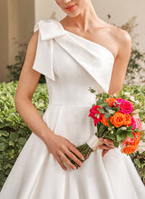 One Shoulder Sleeveless Sweep Train Satin Wedding Dresses Bows-Dbrbridal