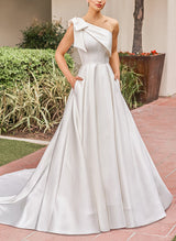 One Shoulder Sleeveless Sweep Train Satin Wedding Dresses Bows-Dbrbridal