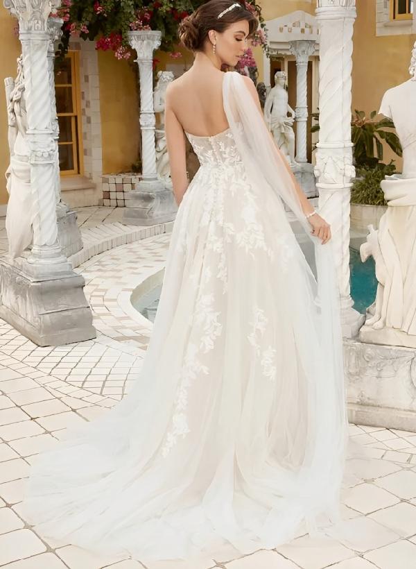 One Shoulder Wedding Dress Appliques Lace-Dbrbridal