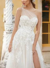 One Shoulder Wedding Dress Appliques Lace-Dbrbridal