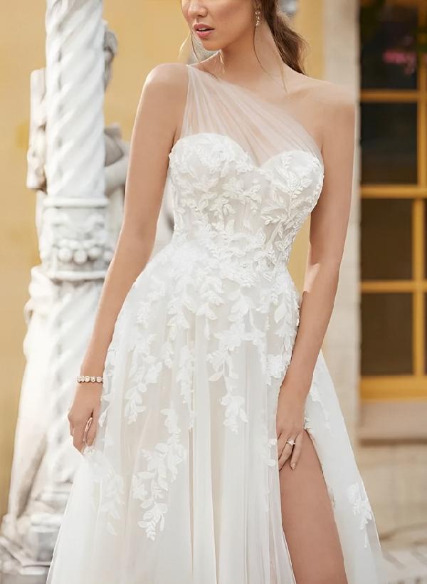 One Shoulder Wedding Dress Appliques Lace-Dbrbridal