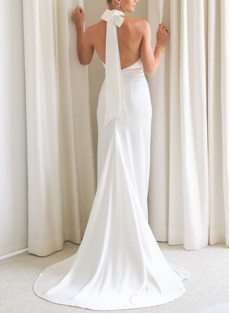 Open Back High Neck Sheath Fitted Wedding Dresses-Dbrbridal