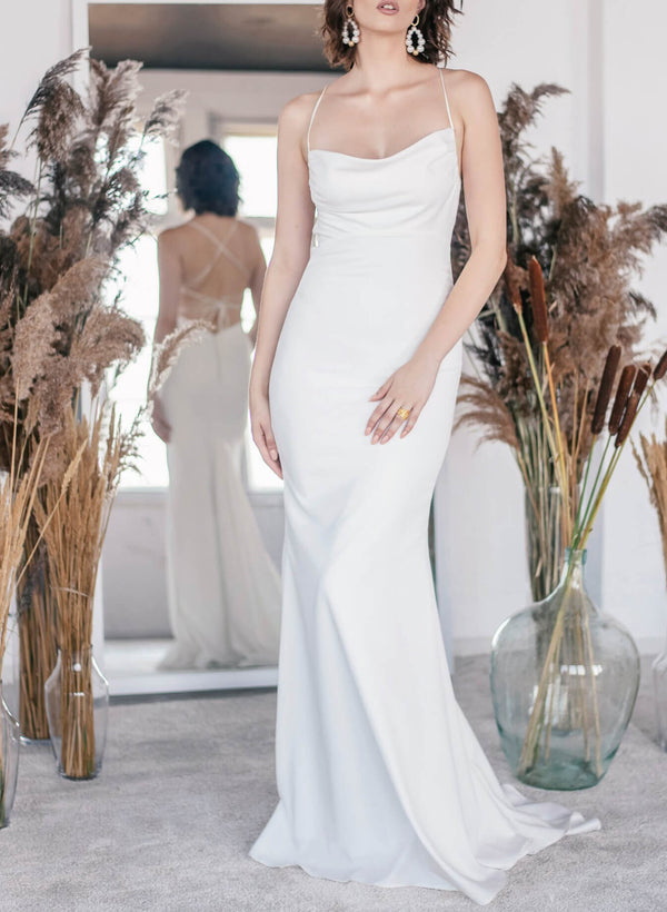 Open Back Mermaid Fitted Cowl Neck Wedding Dresses Satin-Dbrbridal