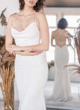 Open Back Mermaid Fitted Cowl Neck Wedding Dresses Satin-Dbrbridal