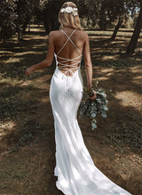 Open Back Mermaid Fitted Cowl Neck Wedding Dresses Satin-Dbrbridal