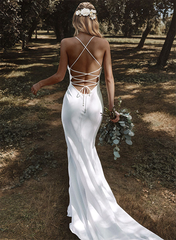 Open Back Mermaid Fitted Cowl Neck Wedding Dresses Satin-Dbrbridal