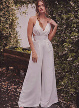 Open Back Silk-like Satin Jumpsuit Pantsuit Wedding Dress-Dbrbridal